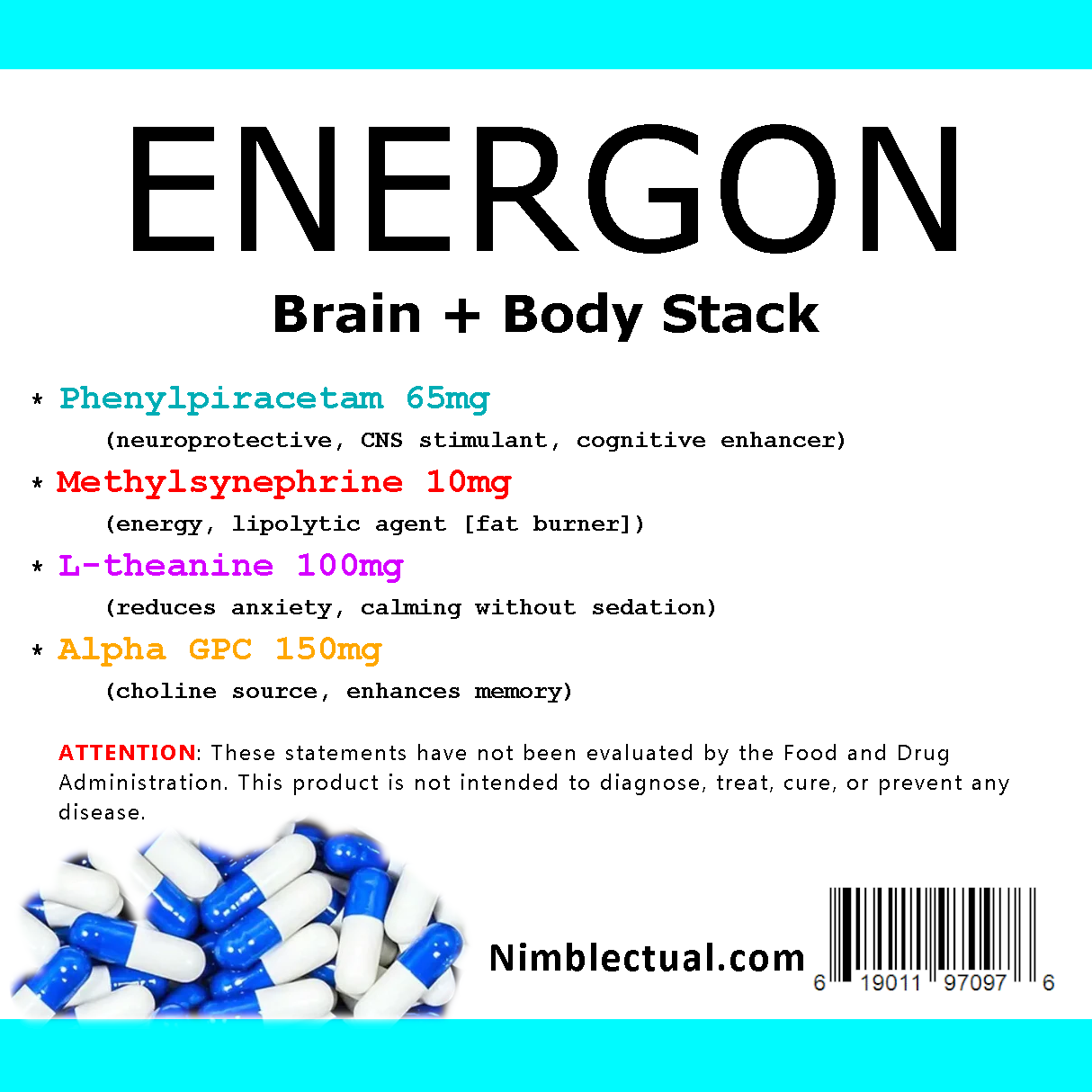 ENERGON (20 Capsules) - Brain Body Stack | Cognitive Energy + Nootropic PED